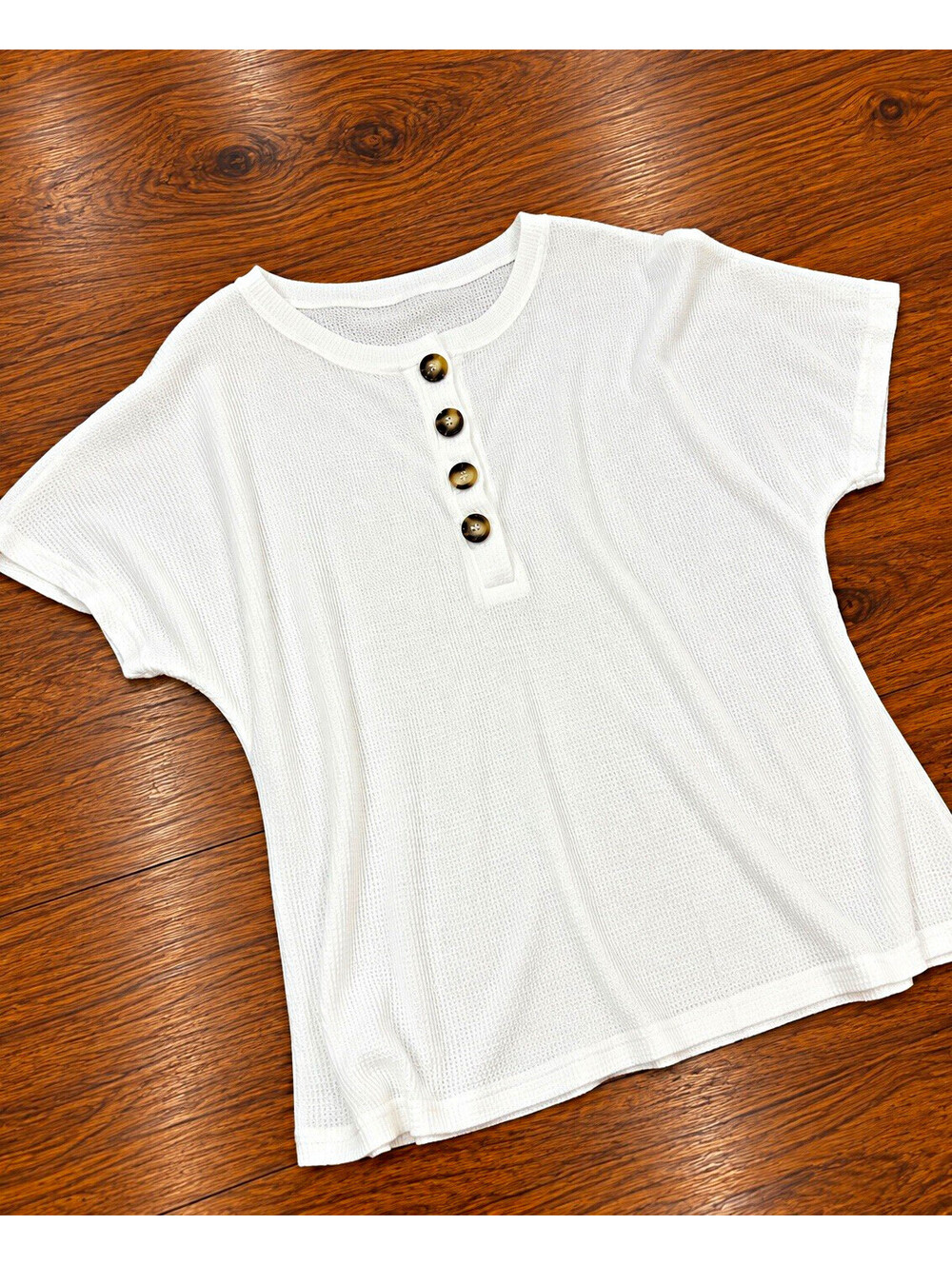Women’s Y2K White Knit Henley Button Short Sleeve Solid Polyester Tee Size XL